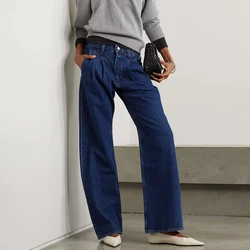 Classic Blue Pleated Washed Jeans Women New High Waist Loose Fashion Wide Leg Denim Trouser Female Vintage Casual Straight Pants