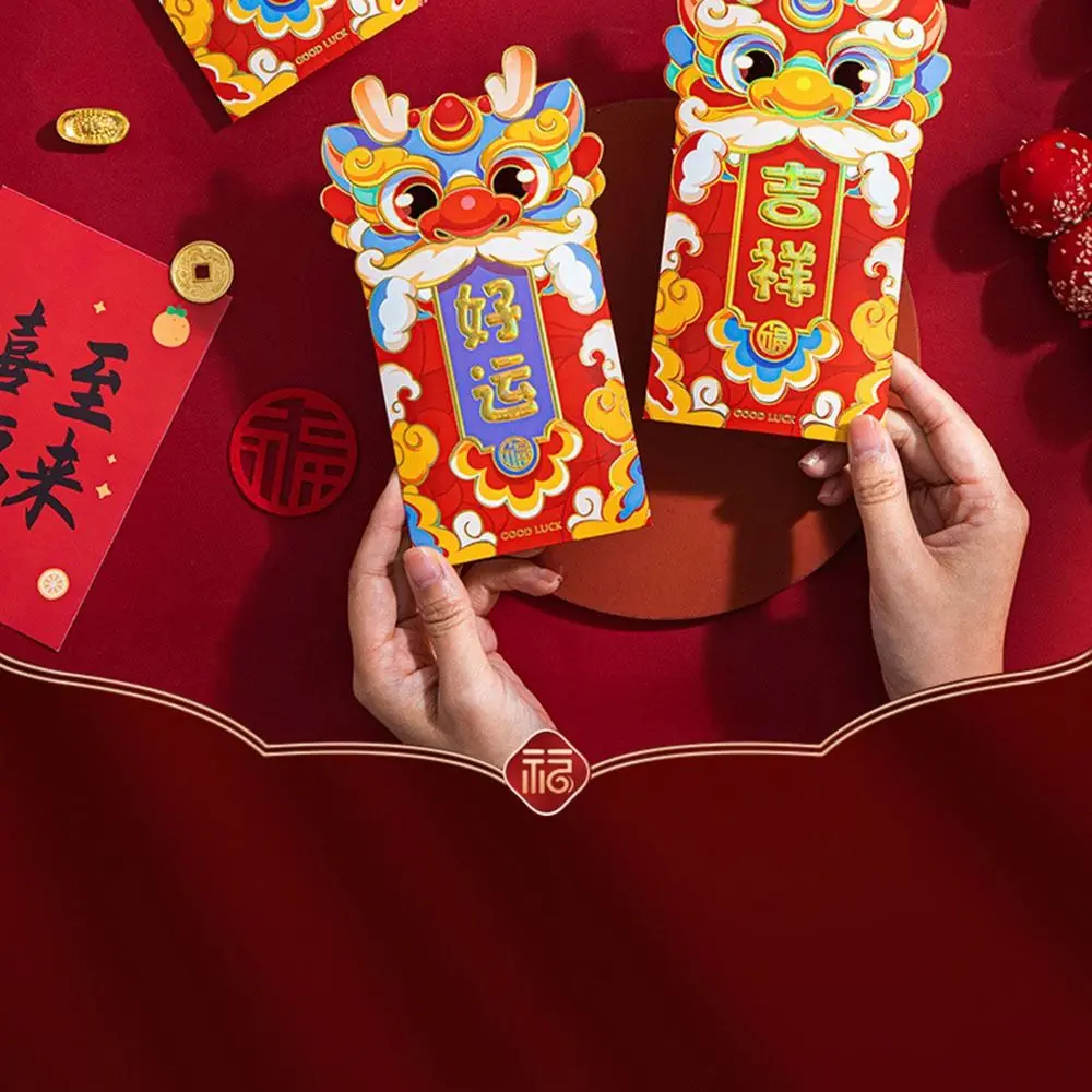 Envelopes vermelhos do ano novo chinês bolsos de sorte, pacotes de sorte, festival da primavera dragão, festival da primavera, desenhos animados, 6pcs, 2024