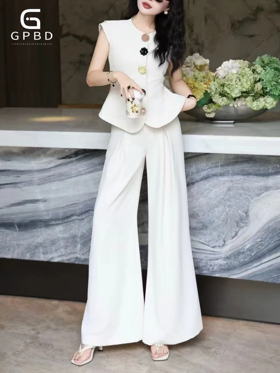 

Slimming Two Piece Sets for Women Round Neck Sleeveless Spliced Buttons Top High Waist Wide Leg Pant Set Female New