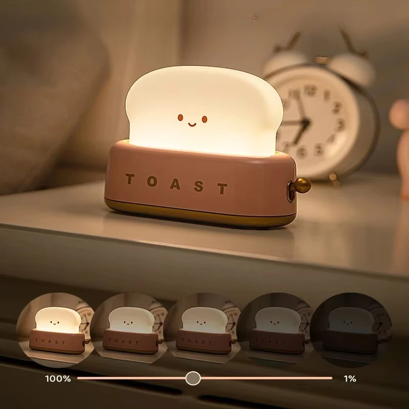 Rechargeable Toast Shape Toaster Night Light Cute Smile Face Bedside Lamp For Bedroom Living Room Home Decor Holiday Gift