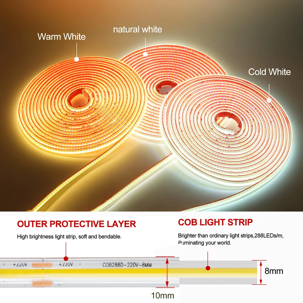 220V Switch Dimmer COB LED Strip Light Power Kit Dimmable 288LEDs 3000K 4000K 6000K Flexible Adhesive Tape RA90 Linear Lighting