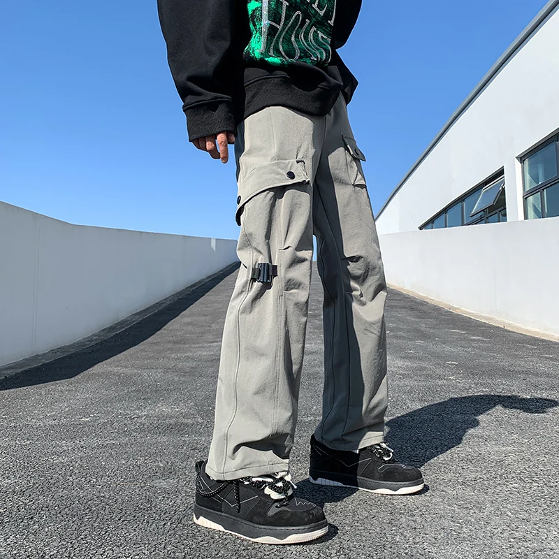 High Street Overalls Cargo Pants Men Spring Fashion Brand Pocket Decoration Straight Loose Wide Leg Casual Jogger Pants