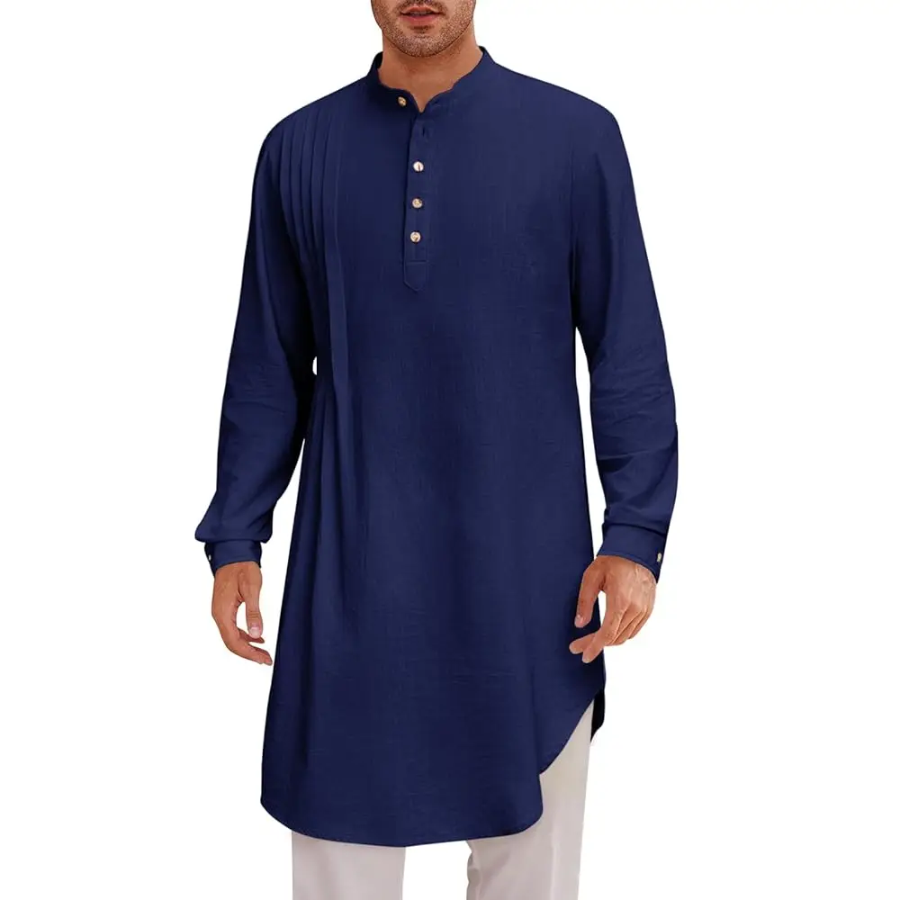 

Мужской кафтан-тобе из хлопка и льна, рубашка-хенли с длинным рукавом, повседневный мусульманский халат, курта