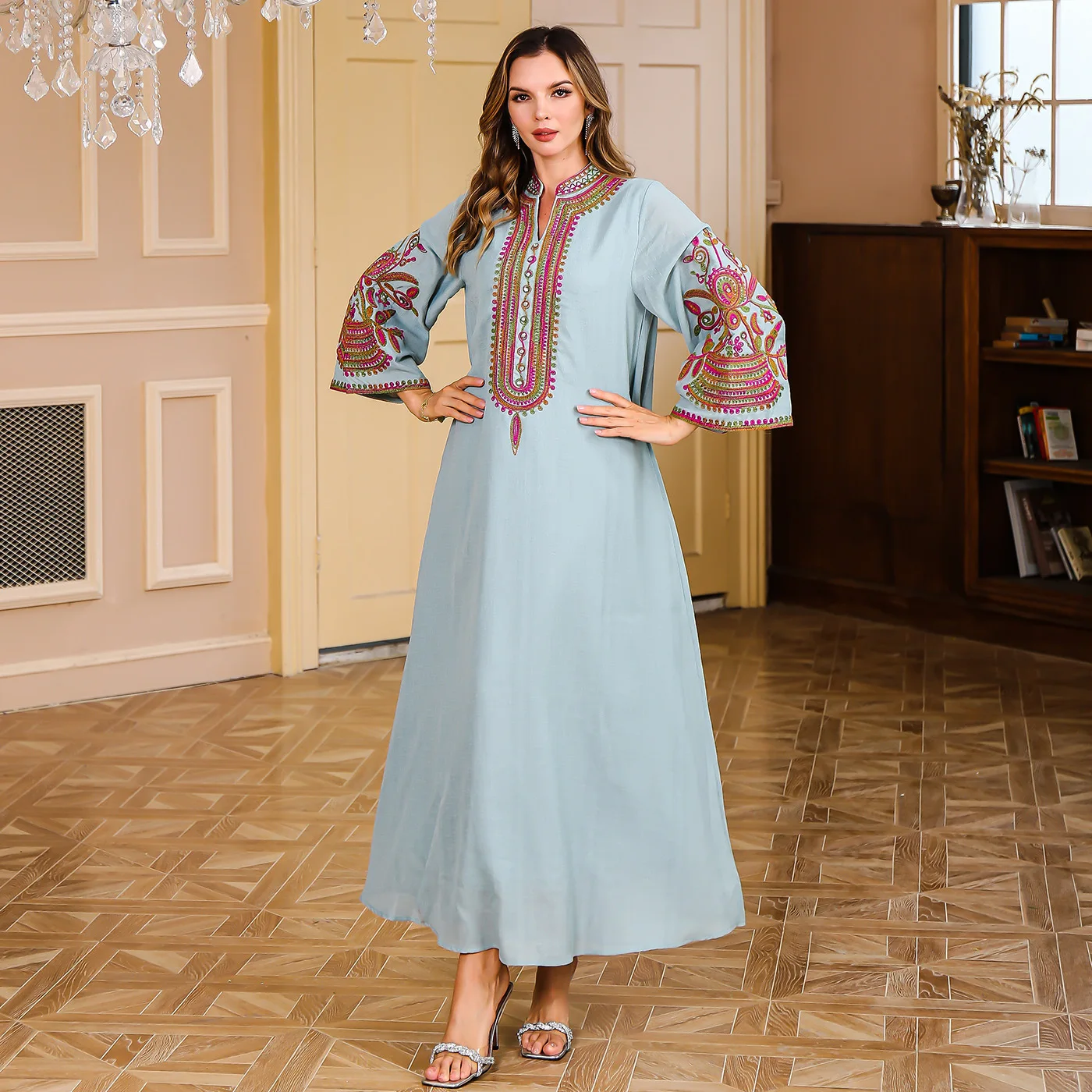 

Middle Eastern Evening Dress Muslim Rope Embroidered Women's Party Clothing Dubai Turkey Abaya Ladies Light Luxury Long Robe
