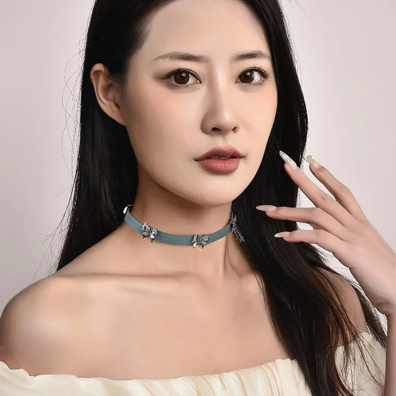 Ожерелье Spice Girl из джинсовой синей кожи, цепочка на шею, цепочка на ключицу, колье серии экзотических бабочек