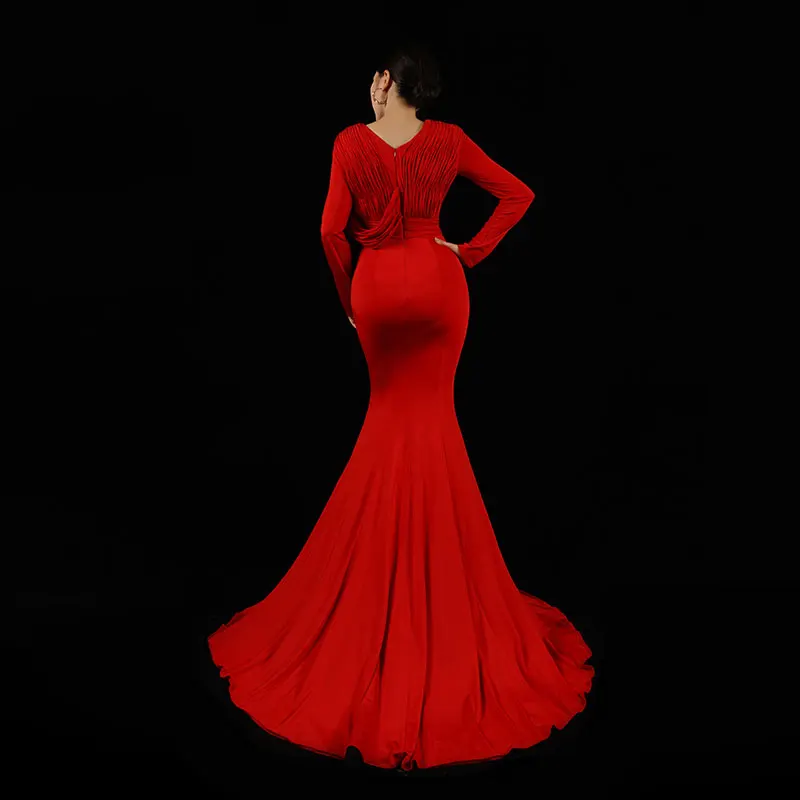 Baisha Red Wedding Dress Tailored Elegant Evening Gown V-Neck Slim Fit Buttocks Wrapped Formal Party Dresses Woman H440