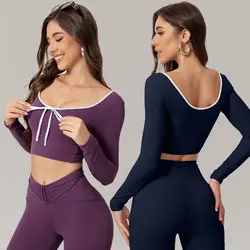 Alpha Drawstring Front Yoga Shirts Scoop Neck Crop Tops Sports Tshirts Lightweight Atheltic Shirt Slim Fitted