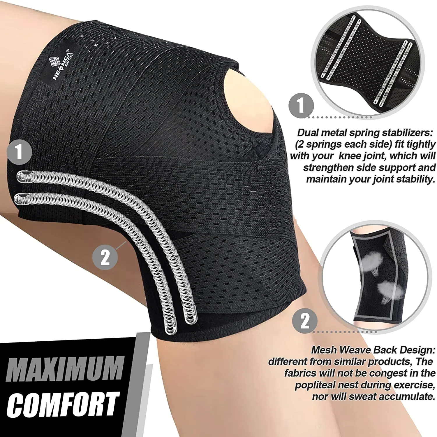 NEENCA Knee Brace for Knee Pain Compression Knee Support with Air Mesh Fabric Side Stabilizers Meniscus Tear ACL Arthritis Relie