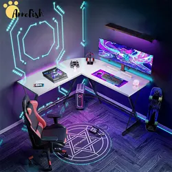 AnneFish L shaped Gaming Desk with LED Strip  Carbon Fiber Surface Small Corner Computer Desk Gamer Desk Home Gaming Desk Table