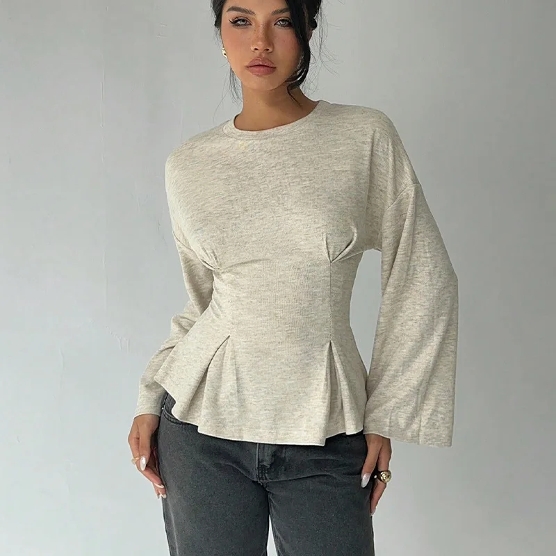 

2026 fashion slim fit temperament long sleeved t-shirt women's flared sleeve top