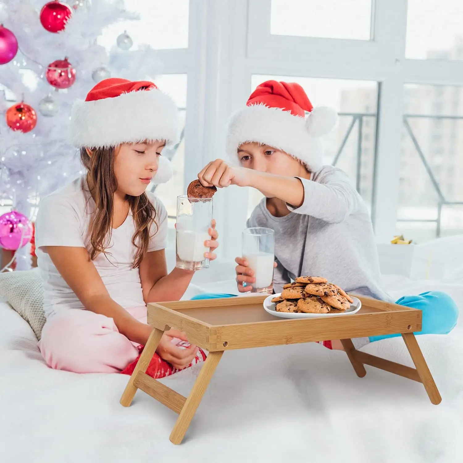 Bed Tray Table with Folding Legs,Bamboo Breakfast in Bed for TV Table, Laptop Computer Tray,Eating,Snack Tray Beige 2 Pack