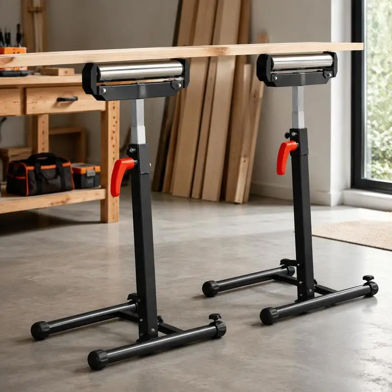 Ensemble de 2 supports à roulettes, capacité de charge de 113 kg, hauteur réglable de 68 à 109 cm, support de travail pliable avec tête à roulettes et guides latéraux en acier poli, pour sortie de scie à table, support d'extension