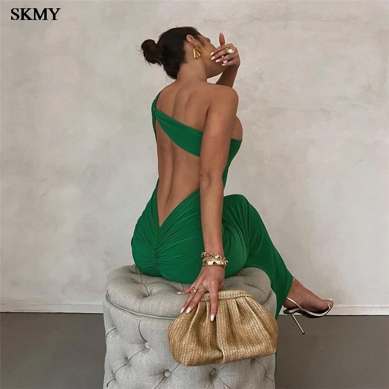 

SKMY Women's Sexy Slanted Shoulder Backless Pleated Waist Slimming, Hip Hugging Temperament, Strapless Long Dress Black Green