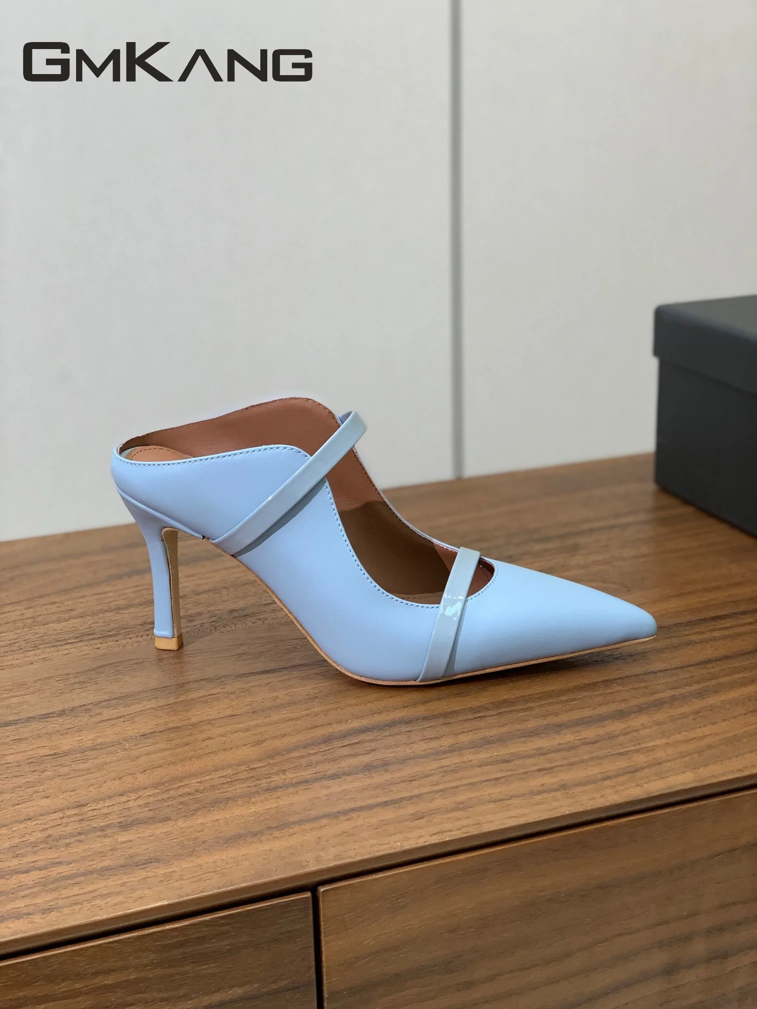 Women Leather Pointed Toe Mules Double Thin Strap Stiletto Heel Slides Elegant Office Wedding Party Slip On High Heel Sandals 5