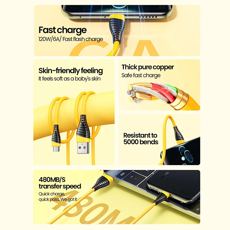 Xiaomi 120W 6A USB Type C USB Cable Super Fast Charing Line for Xiaomi Samsung HuaWei Quick Charge USB C Cables Data Cord