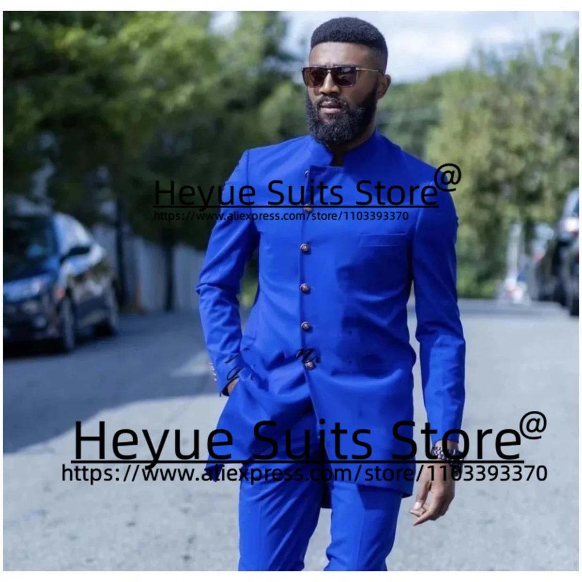 Elegant Royal Blue Men Suit Stand Collar Wedding Groom Formal Tuxedos Slim Fit Prom Blazer Terno Masculino 2 Pieces Jacket+Pants