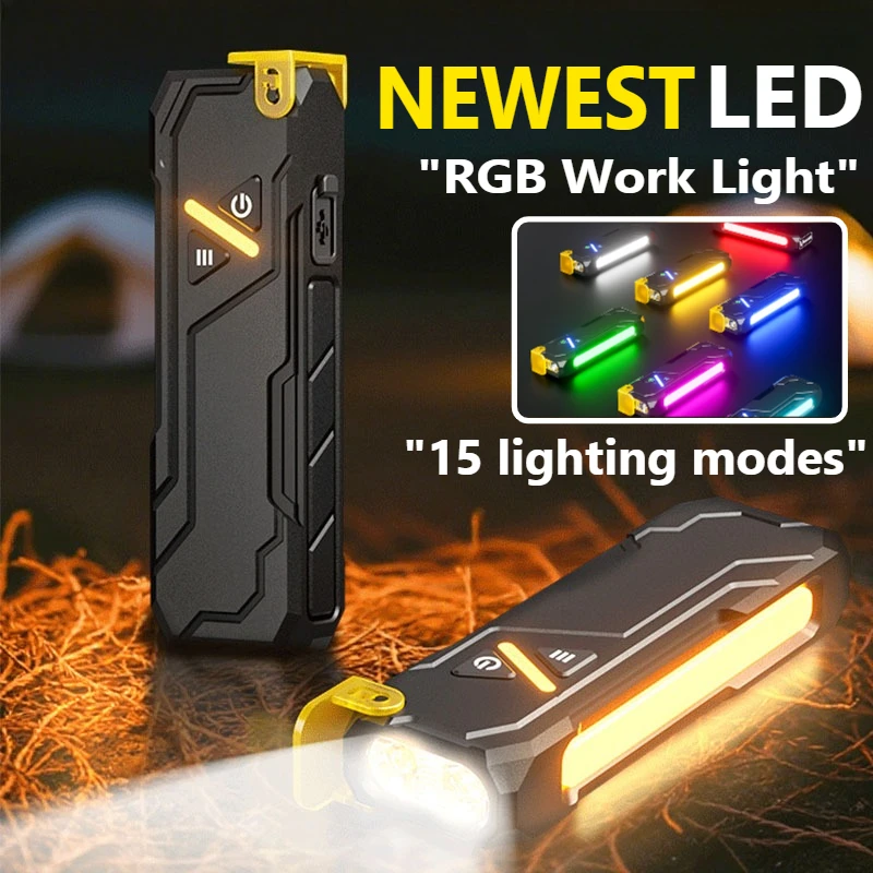 

Портативный светодиодный рабочий фонарь RGB на 1000 мАч, 15 режимов, фонарик с магнитным основанием, водонепроницаемый УФ- и белый свет для экстренной помощи в кемпинге