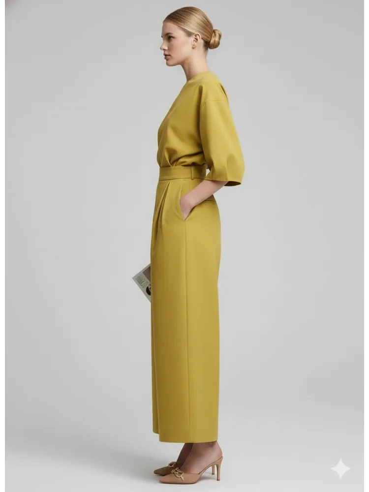 بدلة قفز نسائية صفراء من Freeacy برقبة دائرية نصف كم وخصر عالي وواسعة الساق معاطف للربيع والصيف بدلة غير رسمية من قطعة واحدة