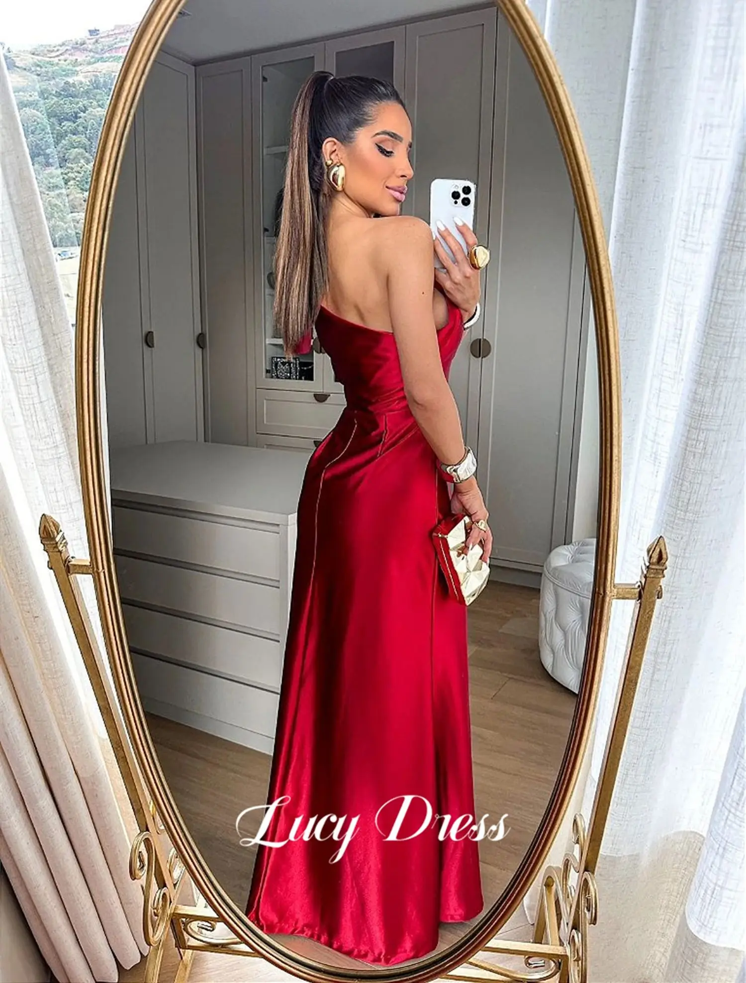 Lucy Red Wedding Party One Shoulder Sleeve Bridesmaid Dress Mermaid Satin Graduation Gown Elegant Evening Dresses 2024 Prom