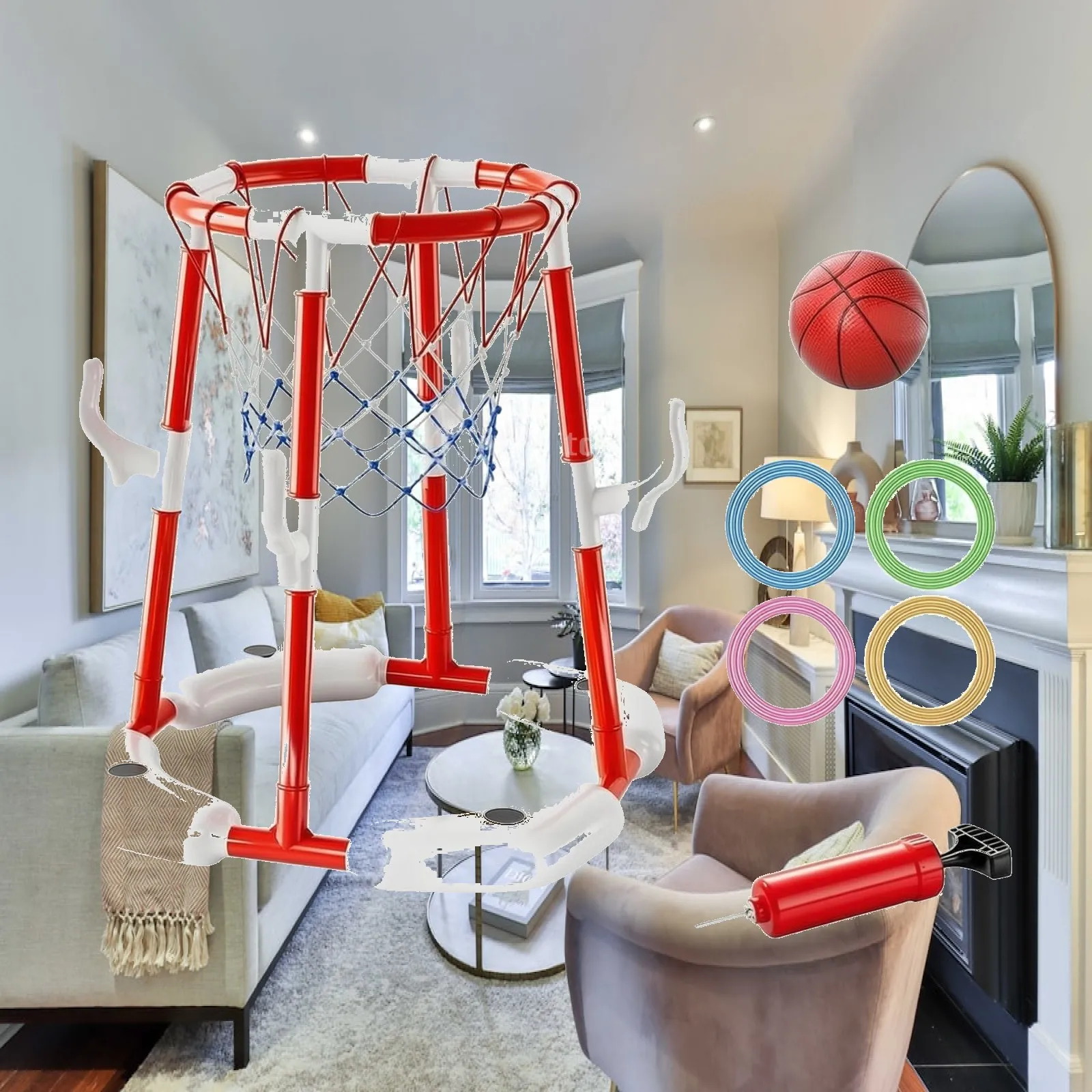 Pool Basketball Hoop with Loop Toss Game Outdoor Floating Basketball Hoop with Rings Floating Pool Game Portable for Children