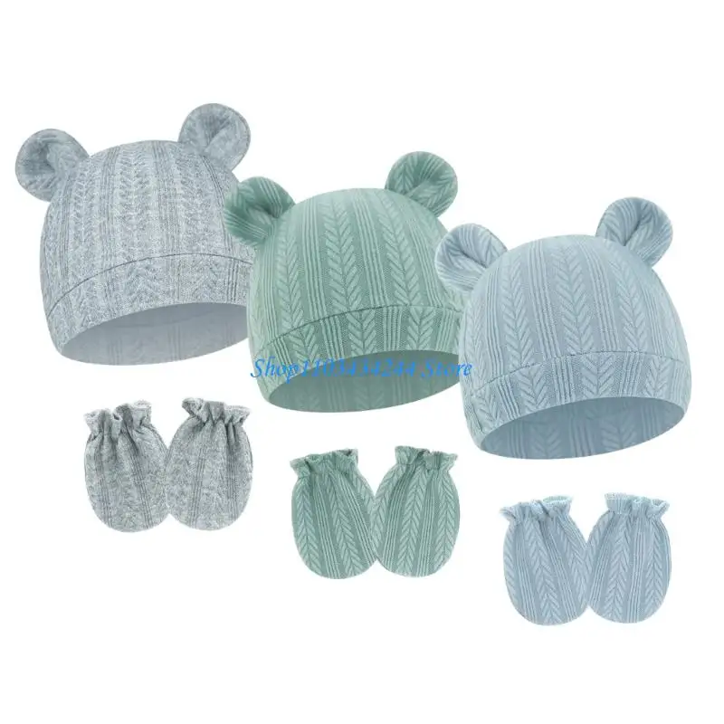 

Детские варежки без царапин, перчатки, шапка, комплект, вязаные дышащие шапки с медвежьими ушами