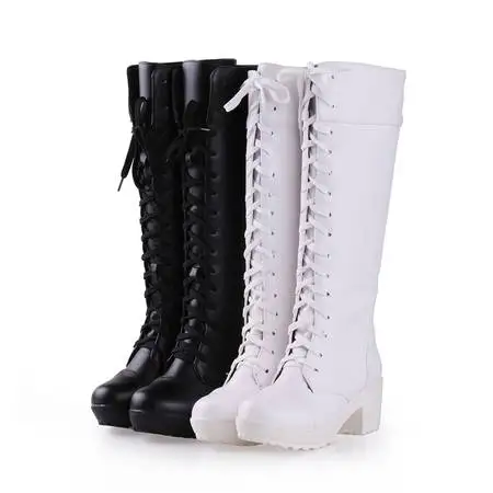 Women\'s Boots The New Autumn and Winter Fashion Round Head Lace-up High Heel High Tube Women\'s Shoes Plus Size 34-43 6.5cm High