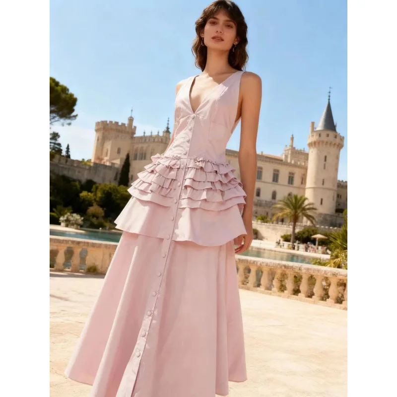 Ele Long V-Ne Vaion Dr Pure Color Street Sle Vita alta Fce Materiale Midi Dr per donne di mezza età