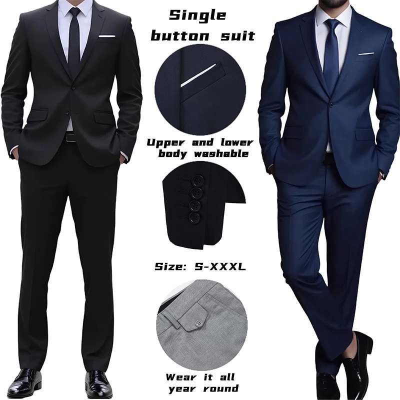 Two-piece Set Suit Men's Elegant Business Casual Suit Classic Lapel Blazer Dress Pants Pockets Formal Wedding Business Occasions