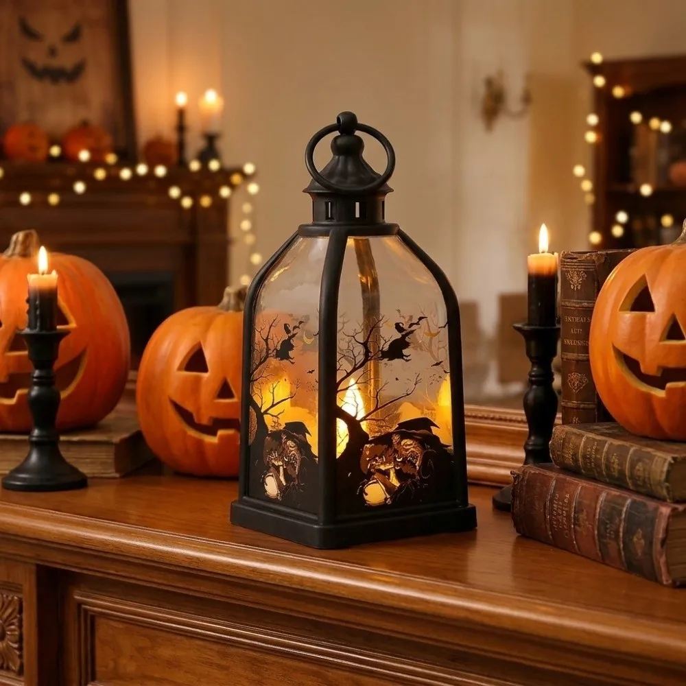 New Flame Effect Halloween Lantern Hanging Design Castle Shape Haunted House Light Battery Powered LED Lantern Lamp Party Props