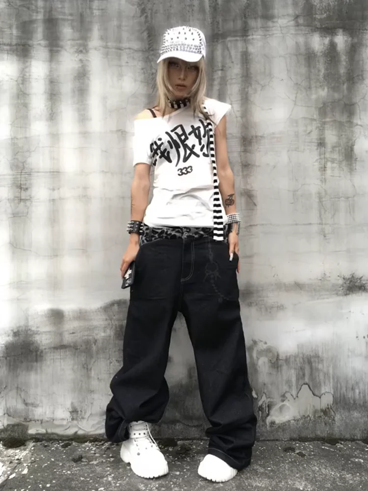 REDDACHiC Furry Leopard Stitch Baggy Jeans Women Trendy Vintage Print Chain Low Waist Loose Wide Leg Pants Harajuku Streetwear