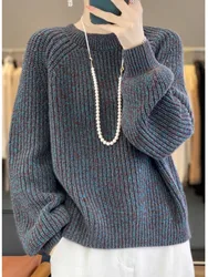 2024 new thickened 100 cashmere sweater women's autumn and winter round neck silhouette sweater lazy loose pullover sweater