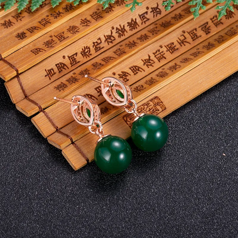 Natural Jade Bead Earrings Fashion Accessories Carved Gemstone Real Jewelry Ear Stud Rose Gold Plated Luxury Stone