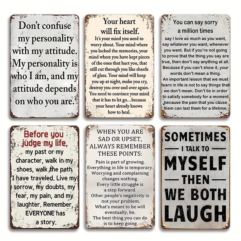 6pcs Vintage Metal Sign Set with Inspirational Quotes - 20.32X30.48 cm Retro Wall Decor for Home, Cafe, Office - Durable Metal M