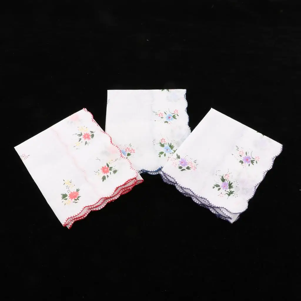 3PCS Womens Handkerchiefs Lace Hankies Pocket Square Hanky Floral Kerchiefs