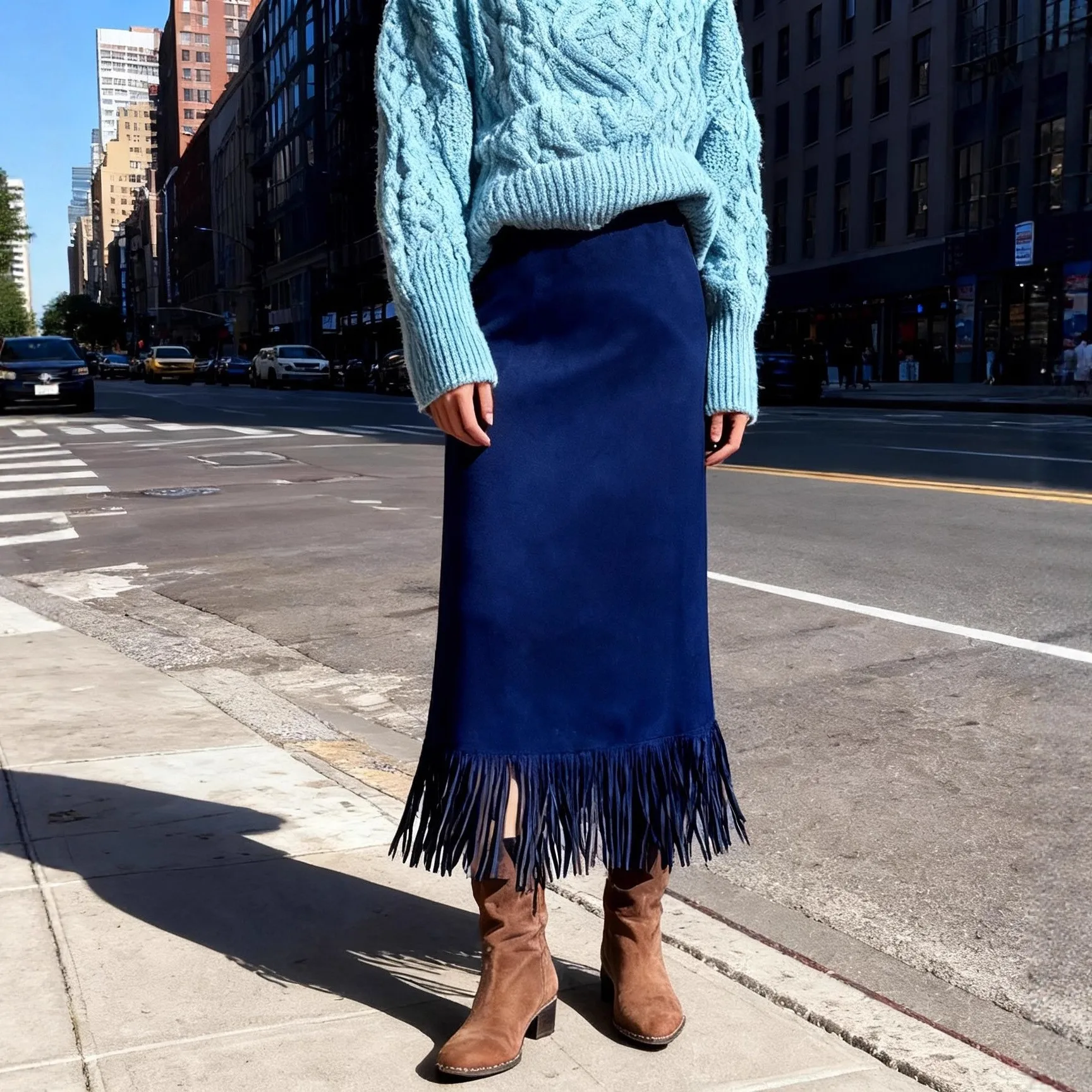 Slit Fringe Skirt with Hand Finished Straight Silhouette Elastic Women Skirt Midi Length Elegant Professional Elegant Style
