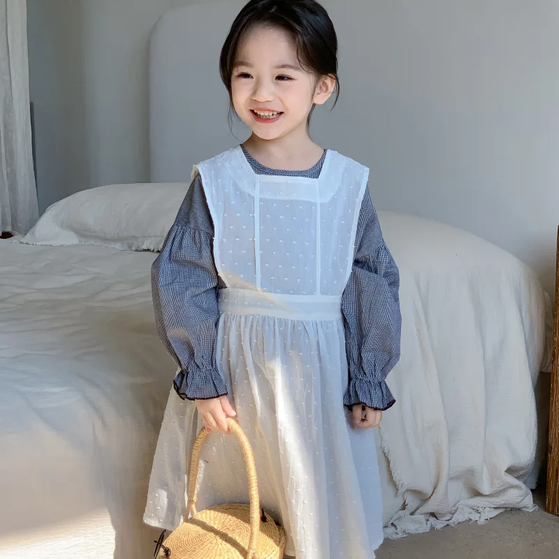 Girls Bubble Sleeve Set 2024 Spring Sutumn Baby Girl Korean Fashion Plaid Dress Vest Smock Two-piece Set Casual Sweet Set