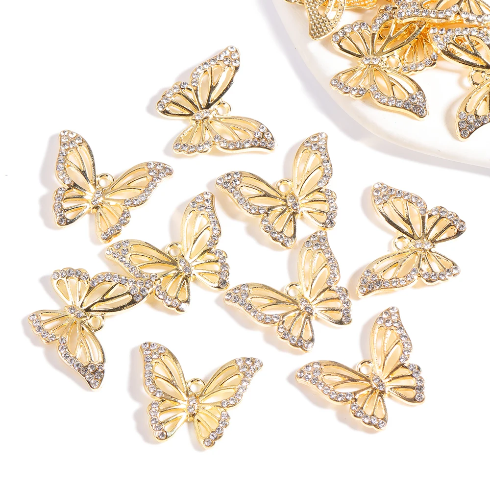 10Pcs/Lot Mixed Style Delicate Alloy Rhinestone Butterfly Pendant Gold Plated For DIY Earrings Necklace Jewelry Making Charms