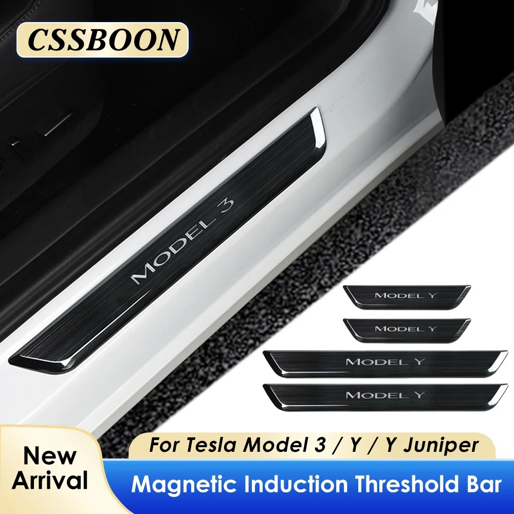 

CSSBOON Беспроводная светодиодная магнитная передняя и задняя часть автомобиля, 4 шт., черная защита порога для Tesla Model Y Juniper/3 приветственная дверная педаль