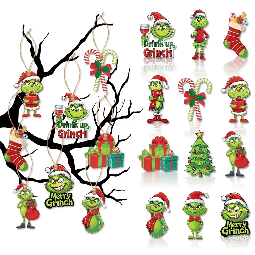 18 Stück 2D-Weihnachtsbaum aus Holz, grüne Monster, Ornamente, niedliche grüne Monster, Weihnachtsbaum-Anhänger, Weihnachts-Cartoon-Ornamente