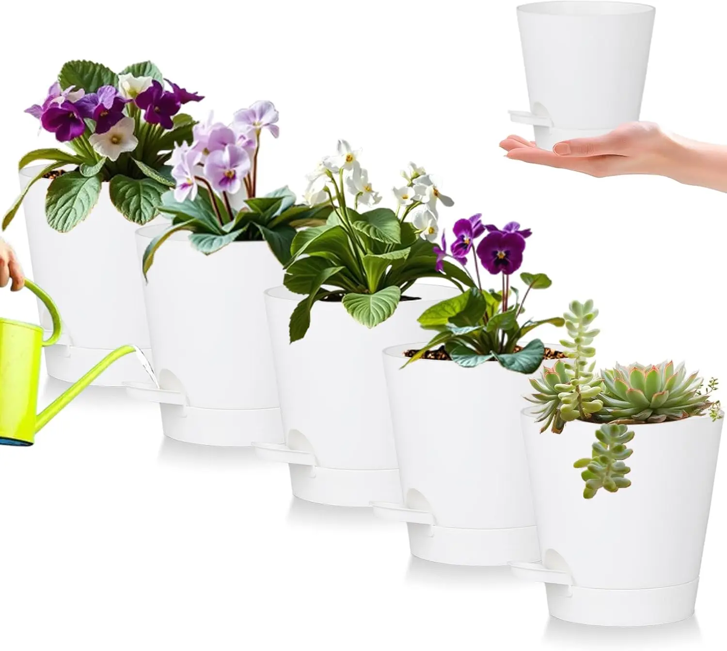 

5-Pack 5" Self-Watering Pots for Indoor Plants, White Plastic with Drainage, Ideal for Succulents & Flowers