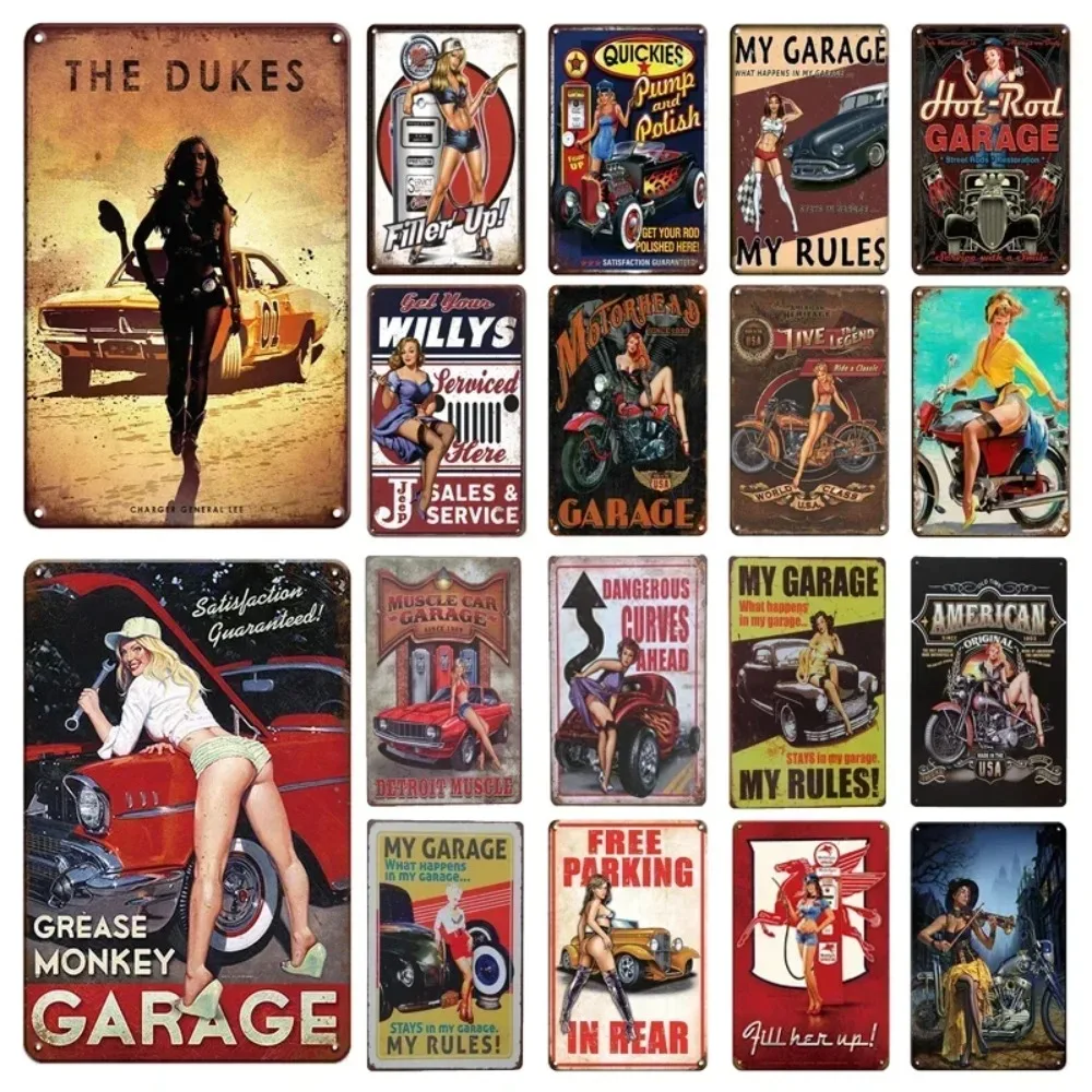 2D Flat Retro Sexy Beauty Aluminum Poster - Men's Metal Plaque, Garage Cave Workshop Wall Decor