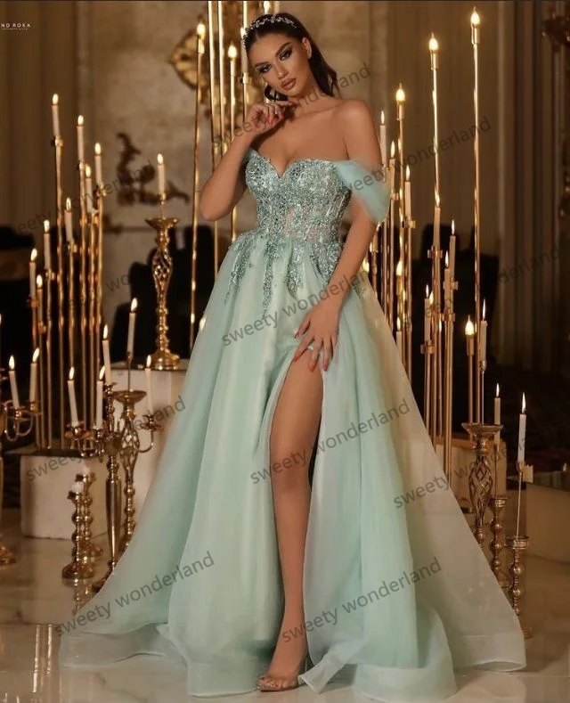 Mint Green Off Shoulder Prom Dresses Side Slit Lace Corset Bridesmaid Dress Floor Length Formal Party Vestido De Novia