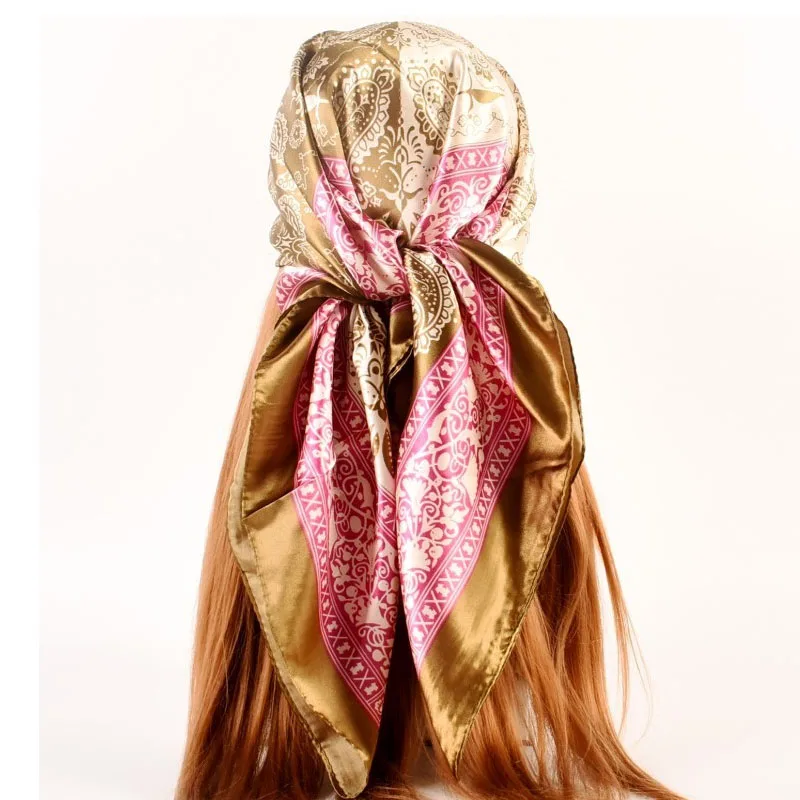 

90*90cm Square Silk Scarf Women Hijab Shawls Fashion Cashew Flower Print Kerchief Femme Head Scarves Foulard Bandana Beach Pareo