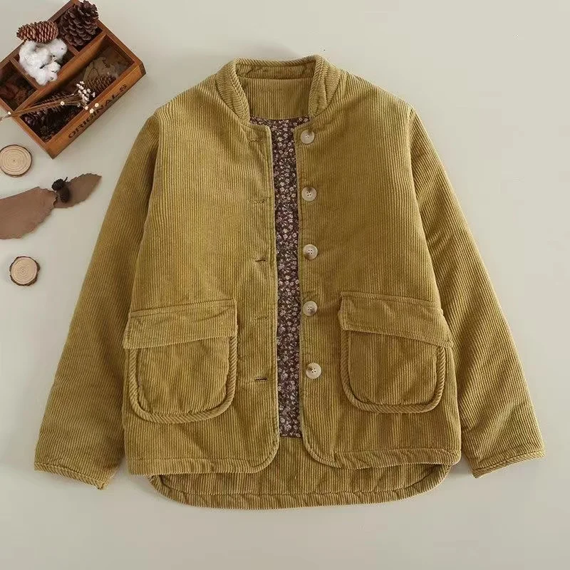 2024 New Autumn Winter Women Corduroy Parkas Vintage Literary Stand Collar Cotton-Padded Female Jackets Quilted Outwear Coat