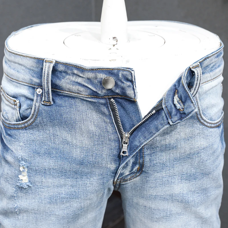 Latest designer fashion new men's jeans stretch slim fit high street hip-hop brand retro light blue pantshombre