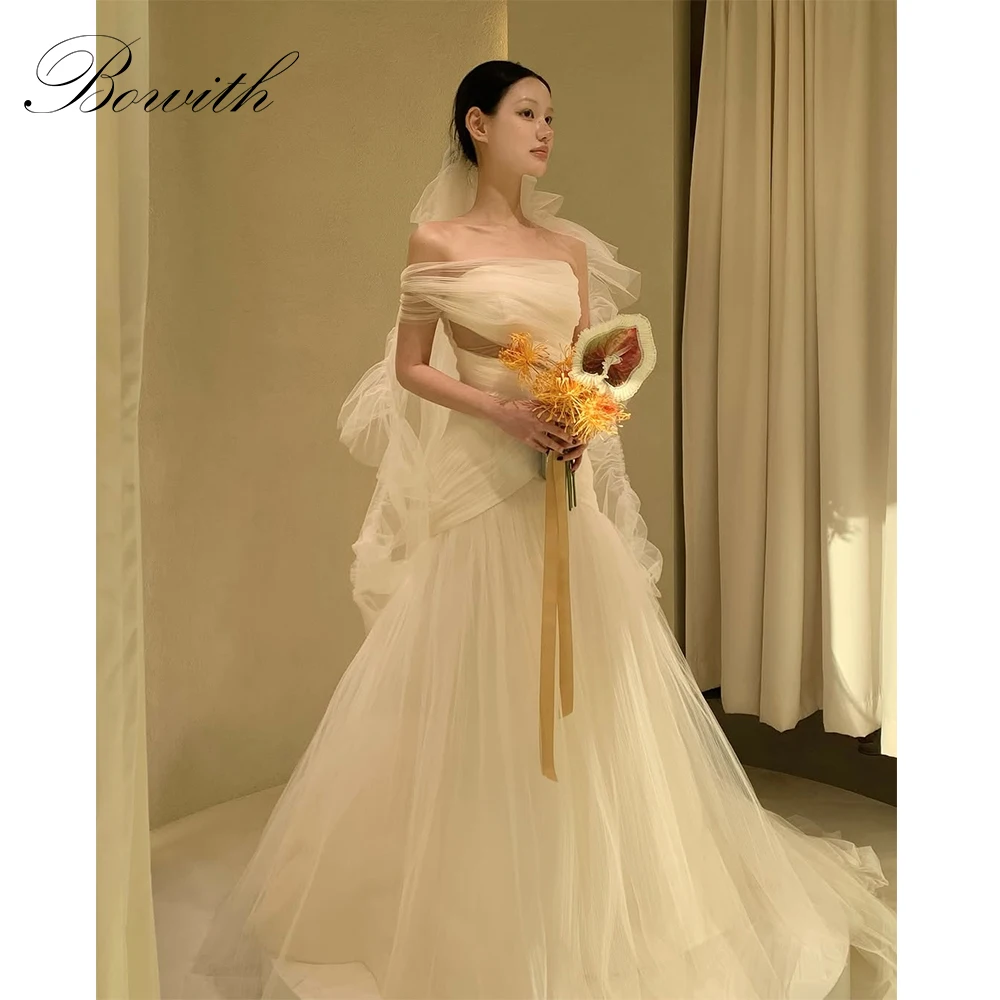 

Bowith Soft Tulle Fairy Korean Wedding Dresses Customized One-Shoulder Bridal Gown Women A-Line Wedding Snap Dresses