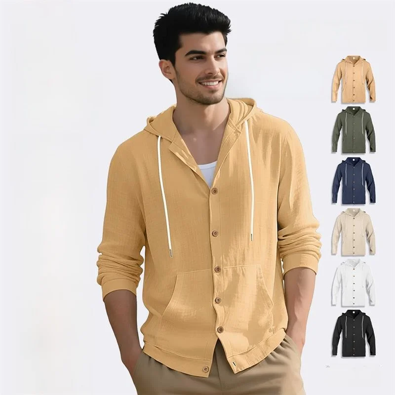 

Spring Autumn Linen Casual Long Sleeve Hooded Shirt Men's Beachwear Comfortable Loose Fit Standard Style No Brand PU Leather