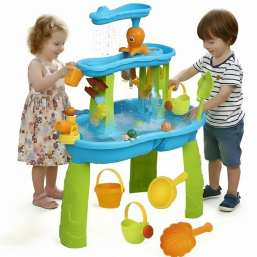 Outdoor sensory play table for kids: 3-tier sand water table in blue, made of durable BPA-free plastic, UV-resistant and easy t