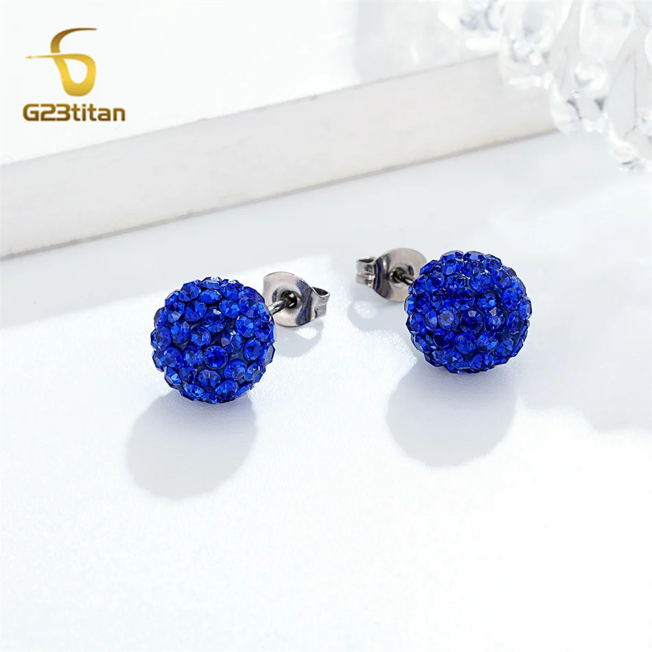 10mm 8mm Blue Shambhala Bead Earrings for Man Pave Crystal Disco Clay Ball G23 Titanium Piercing Ear Stud Hypoallergenic Jewelry