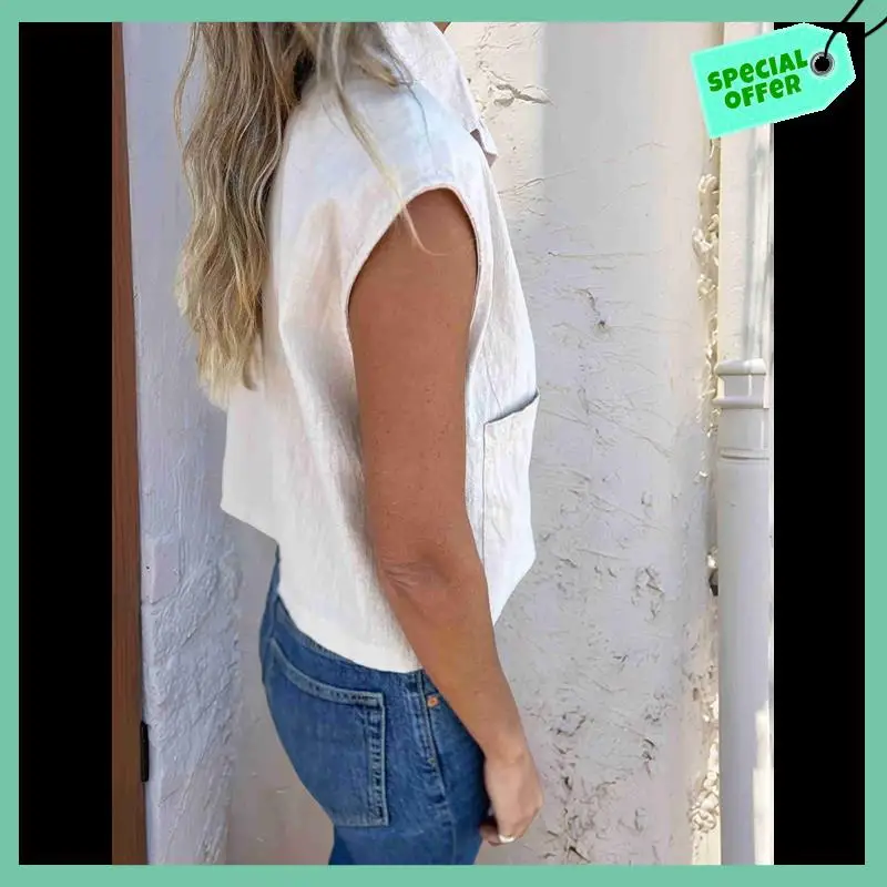 

Sturdy Women Button Down Shirt Cotton Linen Short Sleeve V Neck Blouse Summer Loose Blouse Casual Tops